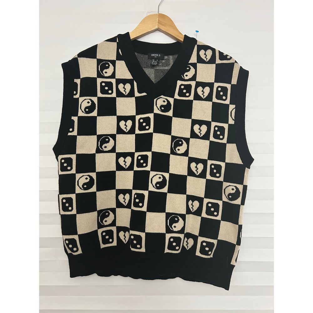 Forever 21 Men Black Cream Checkerboard Yin Yang Dice Heart Sweater Vest Small